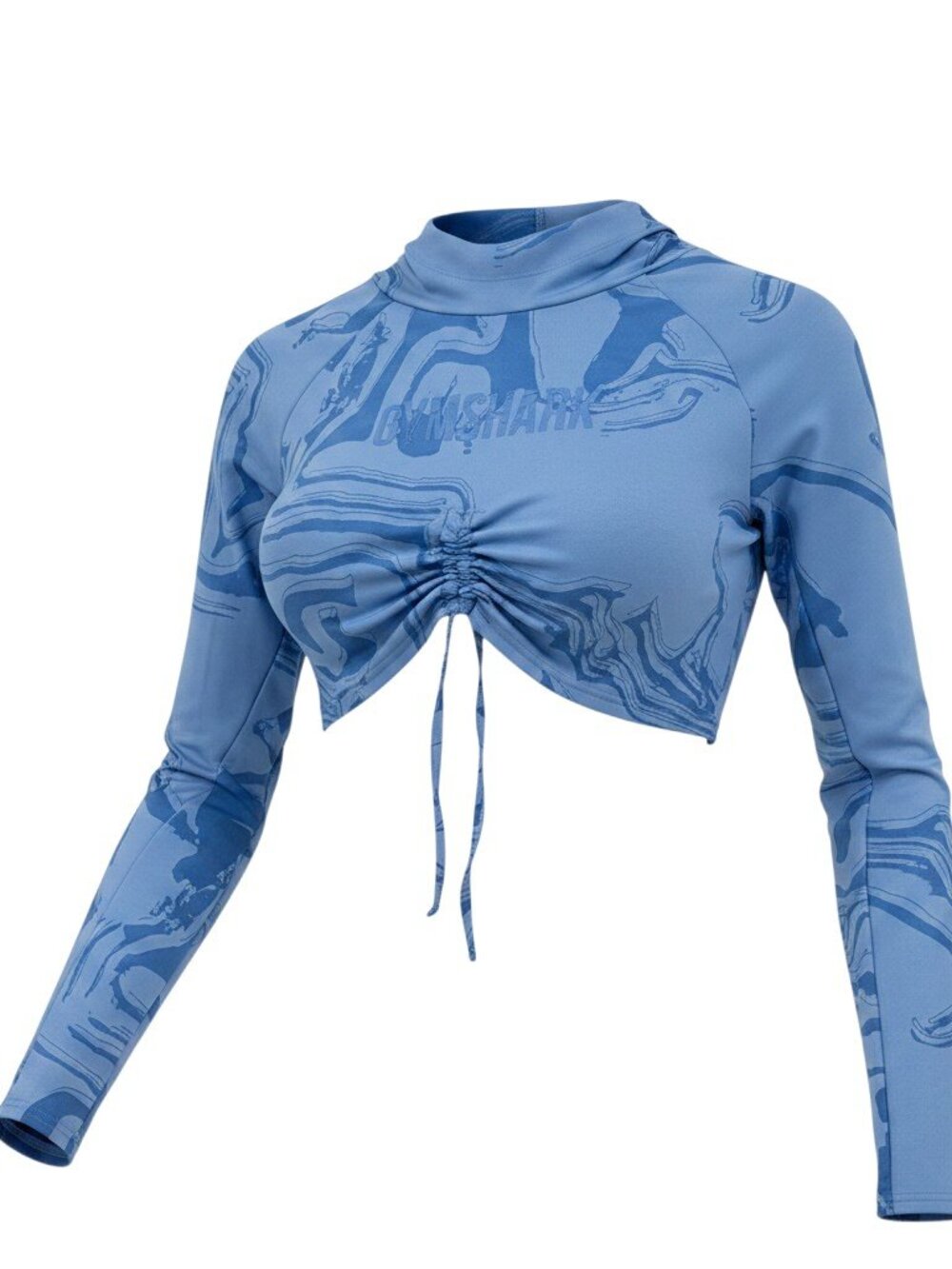 Gymshark Women's Small Blue Marble Crop Hooded Top Ruched Front Long Sleeve EUC